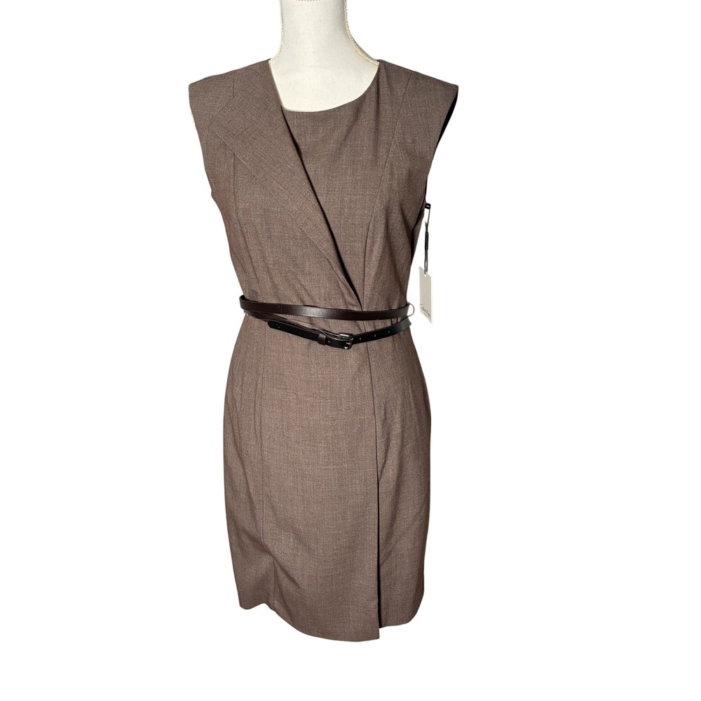 Calvin Klein Sheath Dress Womens 6 Brown Belted Asymmetrical Career NWT